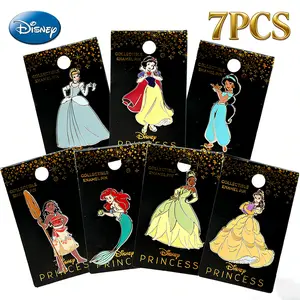 7PCS Disney Princess Pin Officially Licensed Gorgeous Gown Dress Gold-foil Belle Jasmine Ariel Snow White Tiana Cinderella Moana Anime Brooch Backpack Decoration Jacket Lapel Anti-Rust Exquisite Alloy Enamel Collectible Gift
