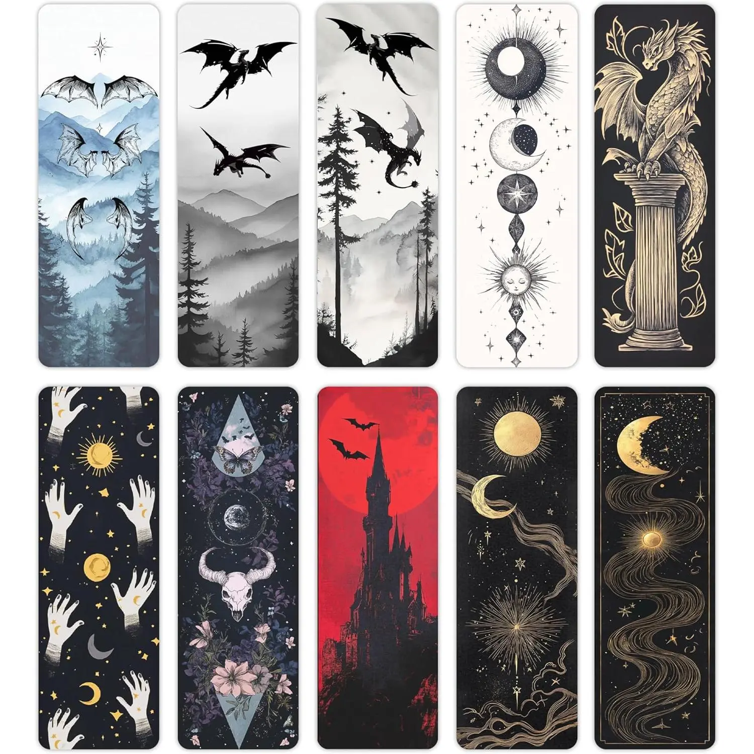 10-Count Fantasy Bookmarks for Book Lovers, Celestial Tarot Witchy Dragons Gothic Office Stationery Book Accessories, 700 GSM Thick Cardboard Durable 6x2 Inches Bookish Gifts