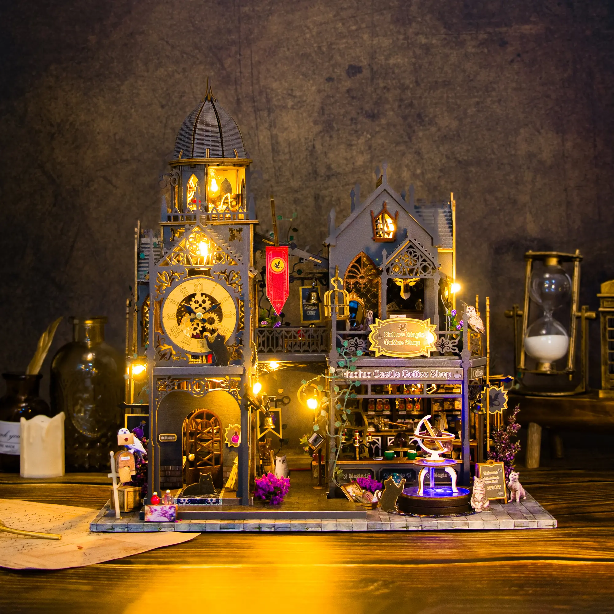 DIY Magic Castle Dollhouse Kit with LED Light, Miniature Gothic Castle 3D Wooden Puzzle, Handmade Craft Gift for Adults Teens, Wizard Room Decor