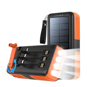 63200mAh Portable Solar Charger Power Bank Hand Crank Charge,Built in 3 Cables 4 Outputs 15W Fast charging Device,4 flashlights LED lighting /SOS/ flashing  for Spring Outdoor Camping,Mother's Day Gift Accessories Micro Smartphone Usb Chargeable
