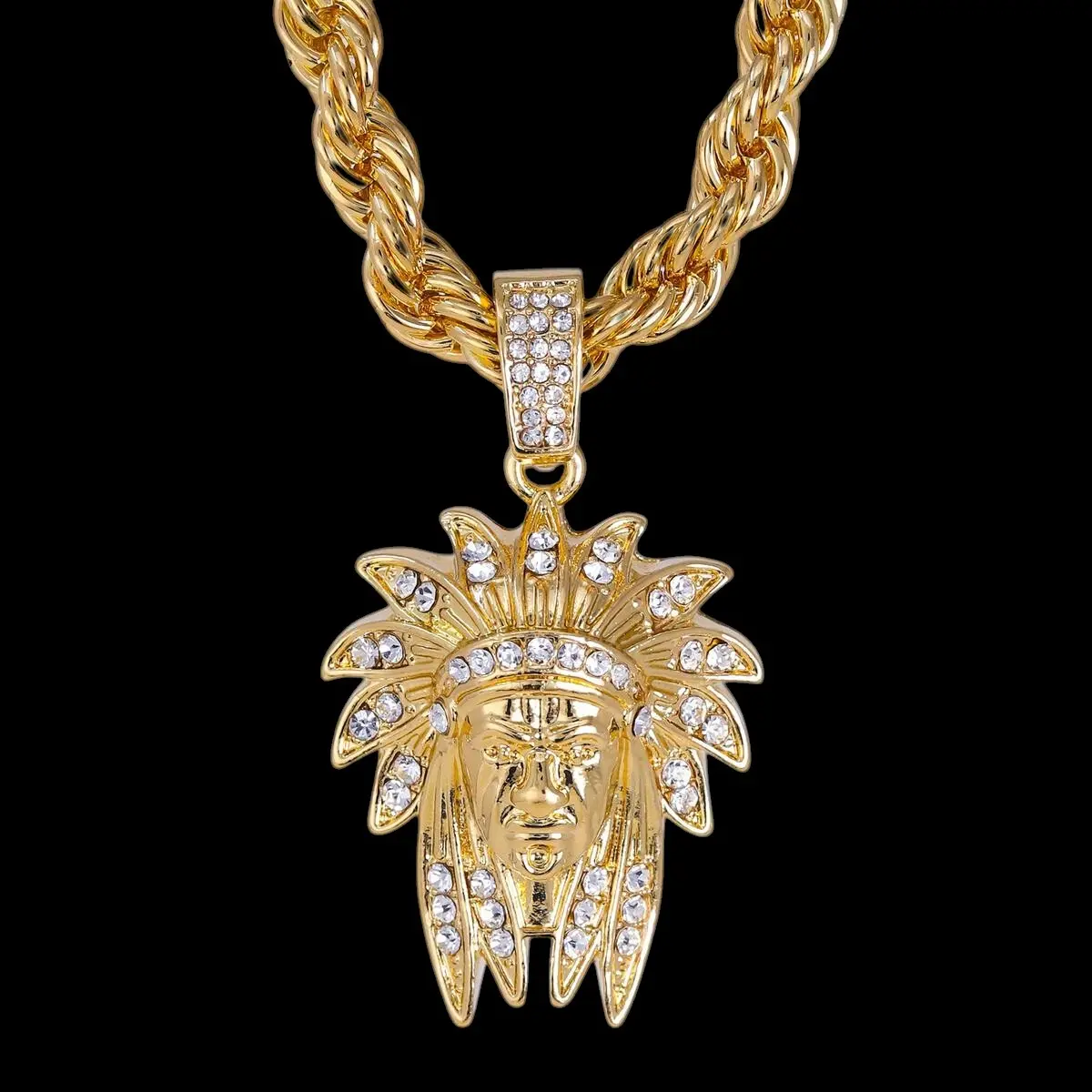 MaxBling81 Unisex Alloy Casual Statement Necklace - 3" x 2.7" American Indian Native Chief Pendant, 24in Thick Rope Chain, Gold Coating, CZ Zircon, Synthetic Coloured Gemstone, American Aesthetic Daily Wear, 24 Inch Chain, Metal Coating