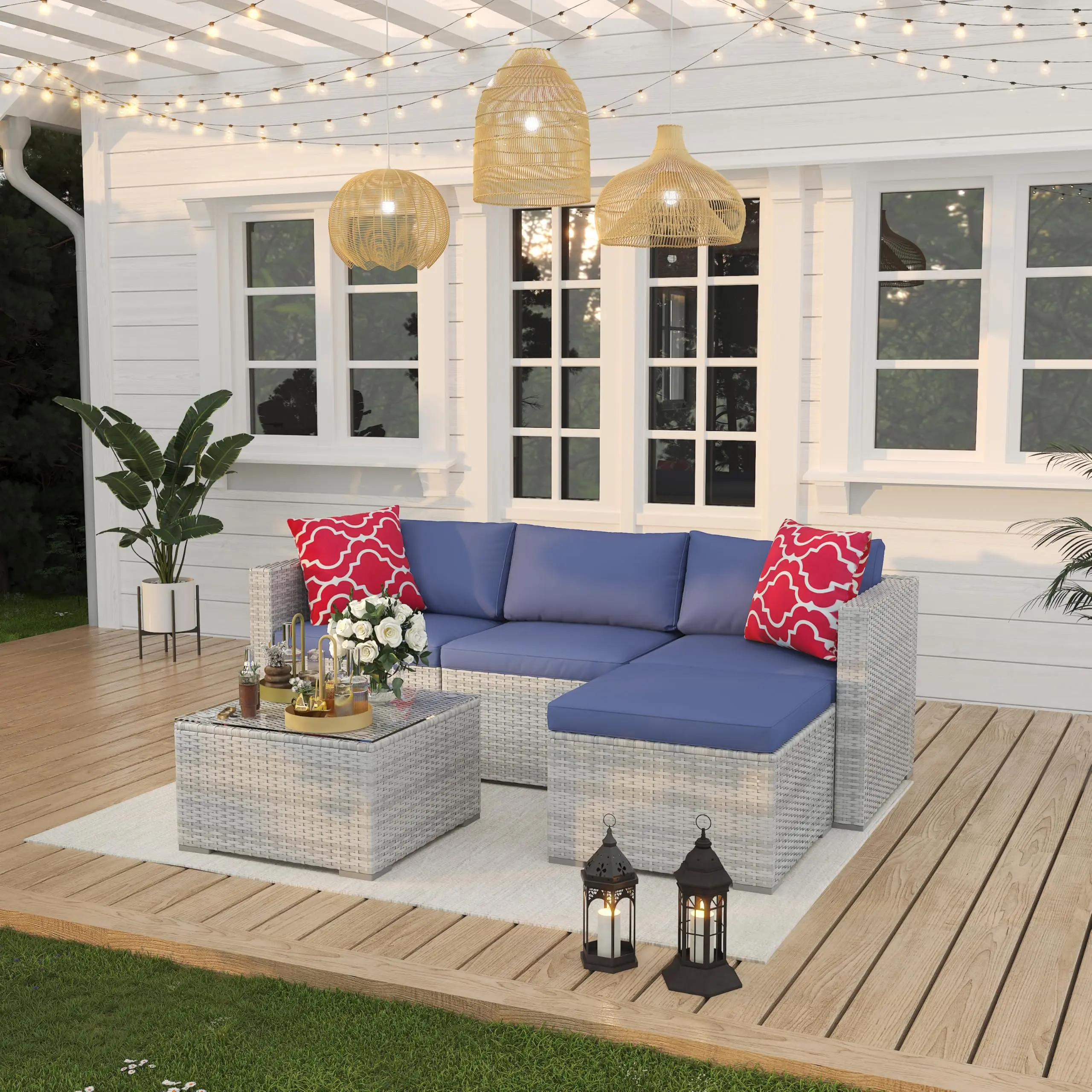 Garvee 5-Piece Brown Wicker Patio Sectional Sofa Set – All-Weather PE Rattan Couch with Coffee Table, Waterproof Cushions, Accent Pillows, Storage – Outdoor Furniture for Backyard, Balcony, Garden, Porch