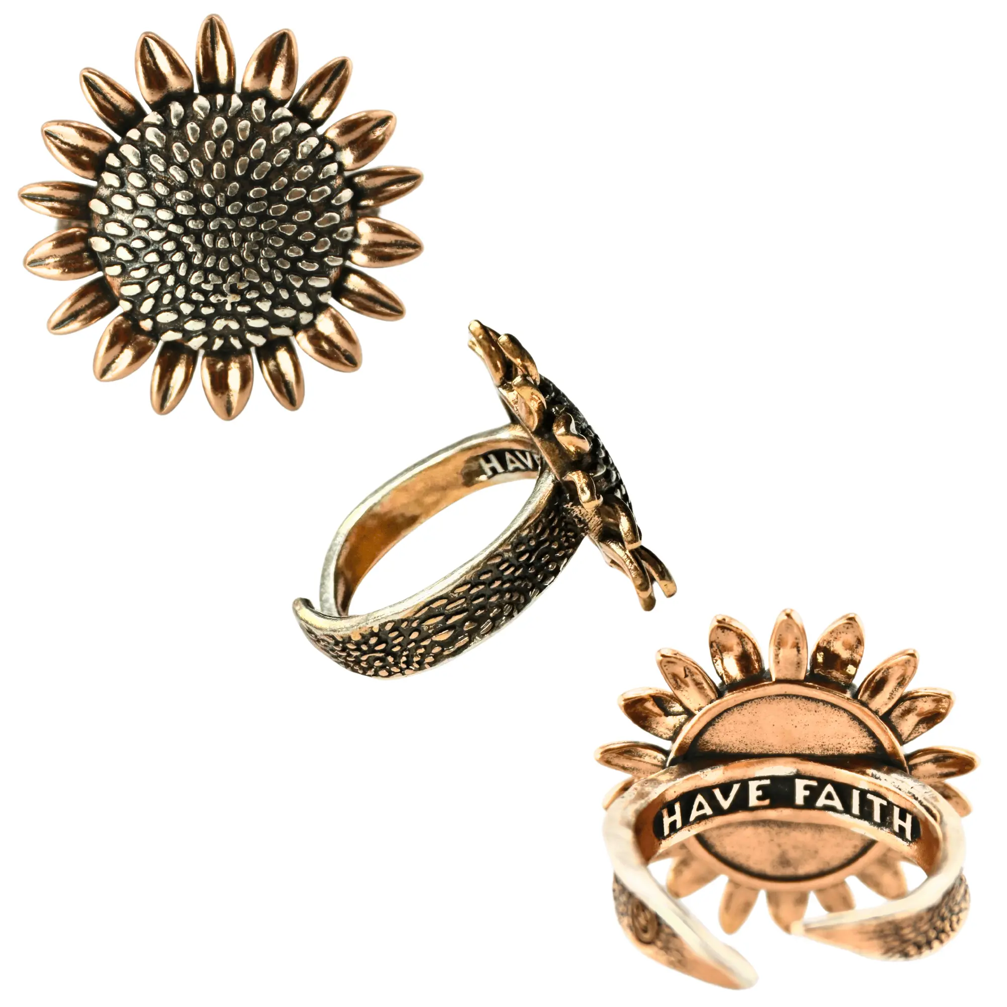 KATIA DESIGNS Have Faith Sunflower Engraved Adjustable Size Costume Ring, Fashion Jewelry Accessory, Engraved Rings, Adjustable Size Rings