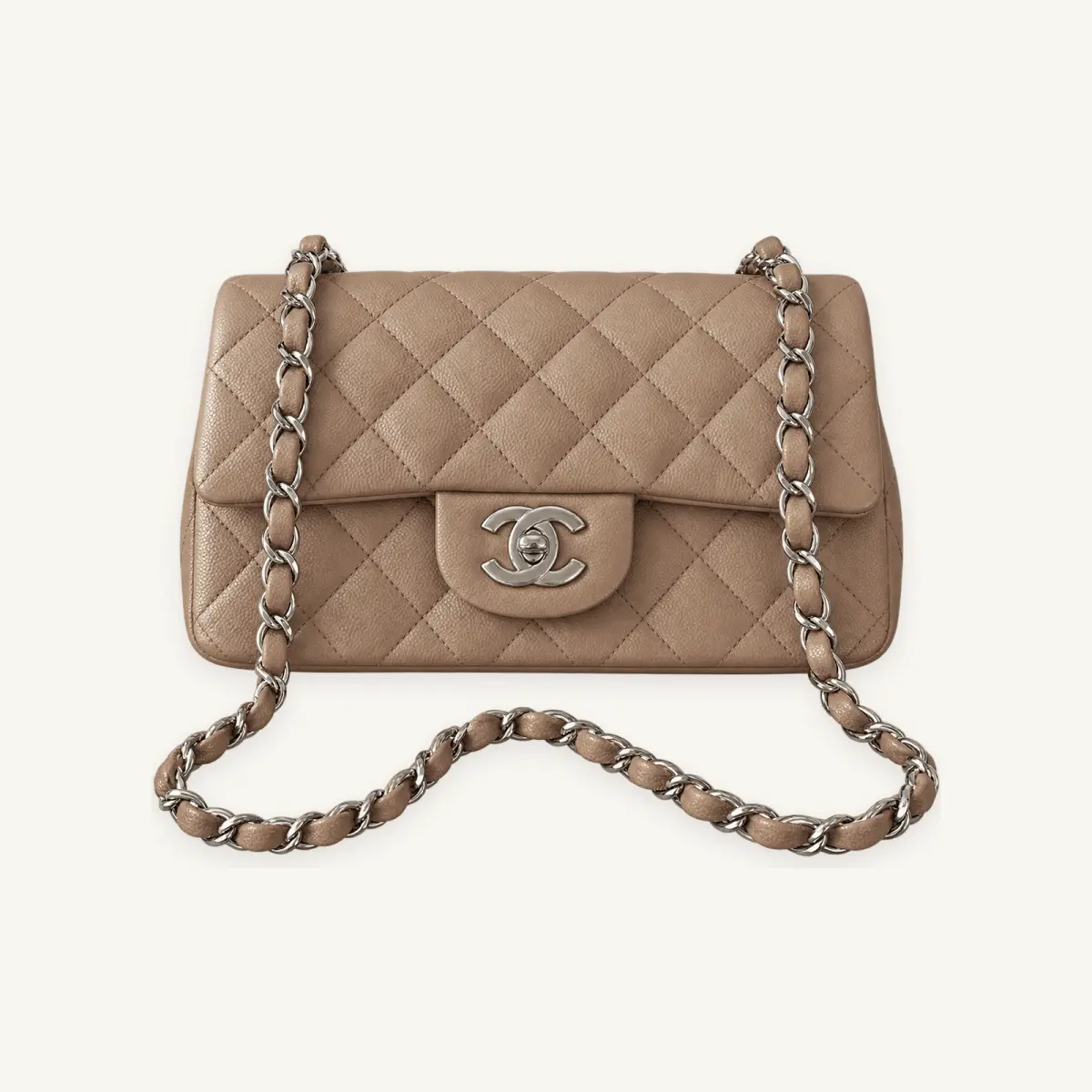 Pre-owned Chanel Classic Rectangular Mini Flap Beige Caviar Silver Hardware SC199