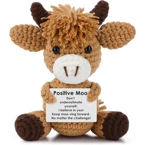 JoycuFF Positive Highland Cow Gifts Mini Emotional Support Crochet Gifts for Women Stocking Stuffers Funny Animals Crochet Decor Cheer Up Knitted Cow for Women Men Friends Coworker
