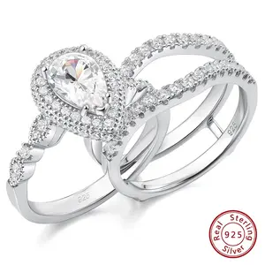 2 Pieces 925 Sterling Silver Engagement Ring Enhancer Wedding Band for Women Pear Cut AAAAA Zircon Jewelry Size 4-13 BR1331_W #Love Story