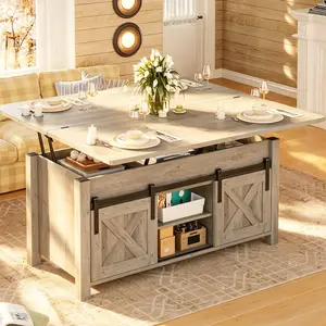 4-in-1 Country Rustic Natural Wood Coffee Table - Distressed Oak Farmhouse Adaptive Furniture, Lift-Top Convertible Table with Storage Space, Hidden Compartment, Sturdy Legs for Home Living Room Decor, House Decor