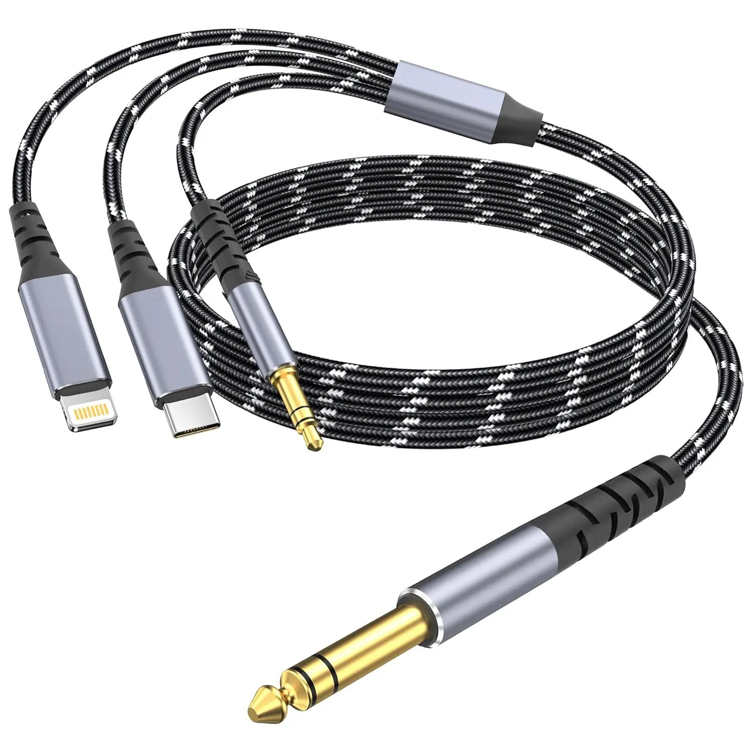 3-in-1 Lightning to 1/4" TRS Stereo Audio Cable, Male Aux Cord Accessories Compatible with iPhone 13 Pro, iPad for Amplifier, Mixer