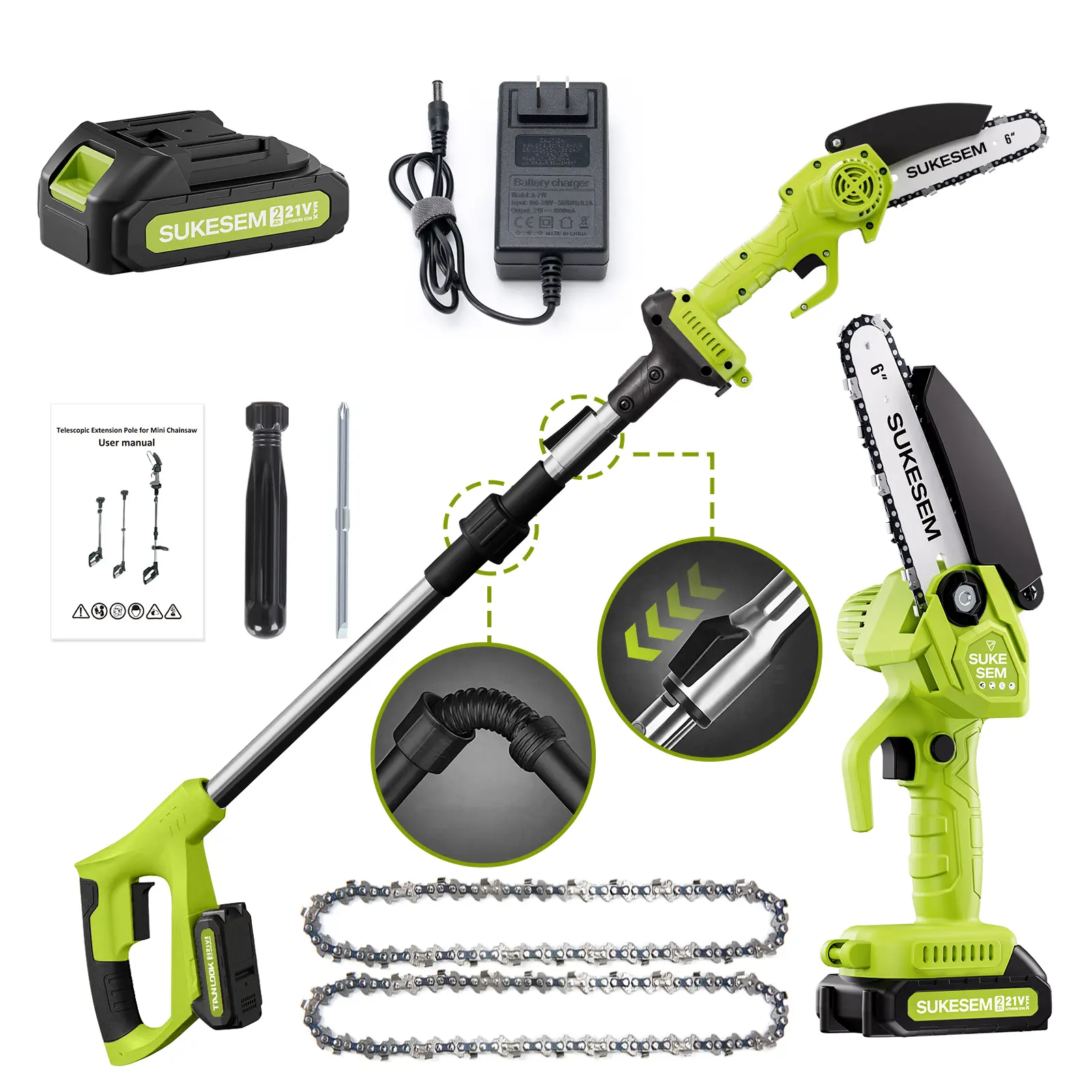 2-in-1 Cordless Pole Saw & Mini Chainsaw, 6-Inch Electric Tree Trimmer with Extension Pole,  Batteries Included, Lightweight Pruning Tool for Yard & Garden