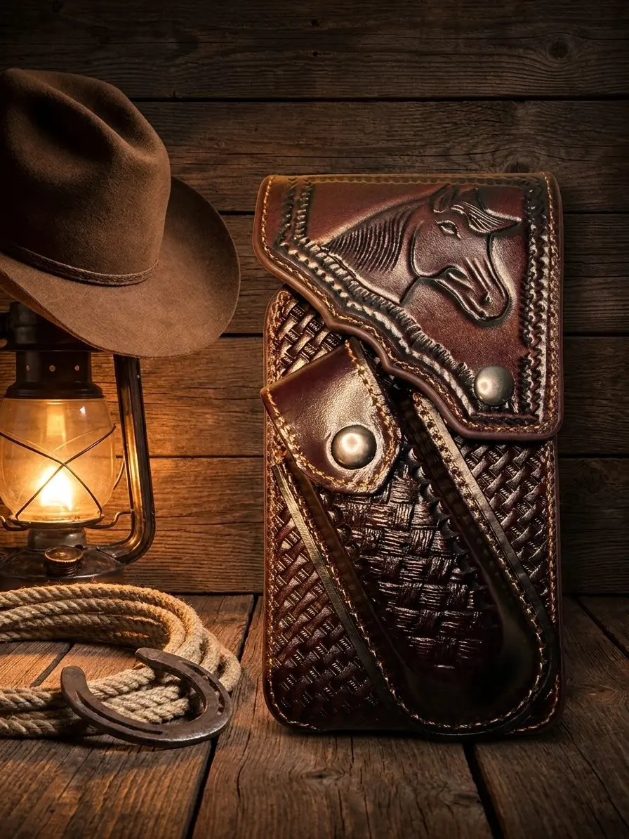Western Genuine Leather Cellphone Belt Holster & Knife Holder – Hand-Tooled, Magnetic Closure,  Fits All  Cell Phones