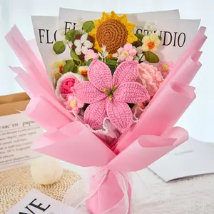 Mother’s Day Gift, Handmade Crochet Flower Bouquet with Sunflower, Tulip, Rose & Carnation, Graduation Gift, Birthday, Anniversary Gift for Her, Girlfriend, Wife, Friend, Includes Greeting Card, Multi-Color Decor