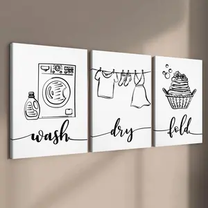 Laundry Room Pattern Canvas Painting, 3 Counts/set Modern Wall Art Painting, Wall Art Decor for Home Living Room Bedroom Office, Ornaments