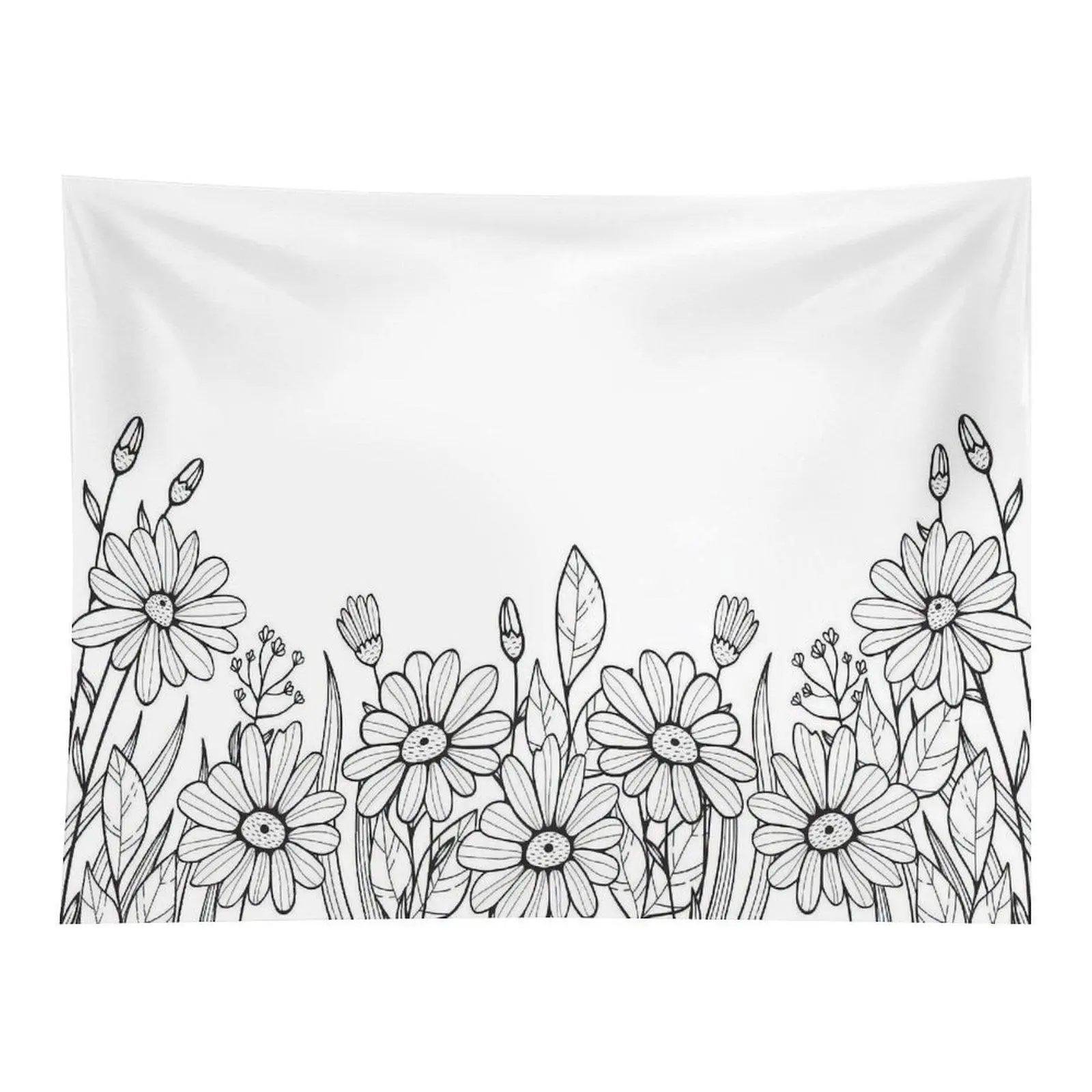 Simple Black Line Art Daisy Wildflower Bottom Border Sketch Plain White Background Minimal Spring Floral Wall Tapestry For Nursery Girls Bedroom Decor