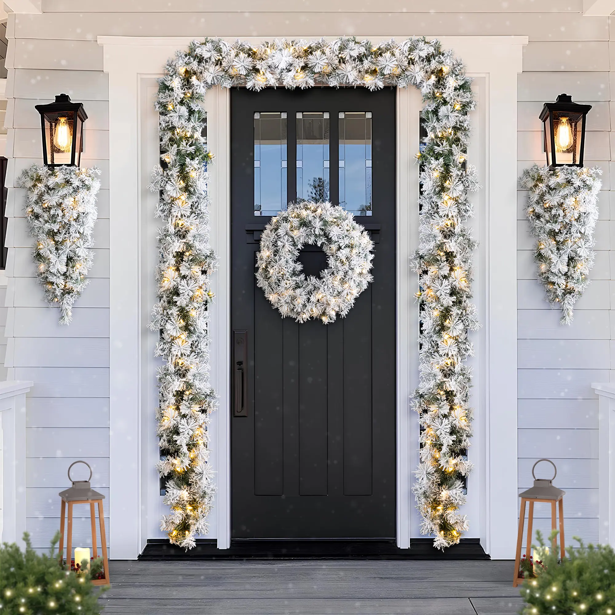 Glitzhome Pre-Lit Snow Flocked White/Greenery Pine Garland & Wreath & Teardrop