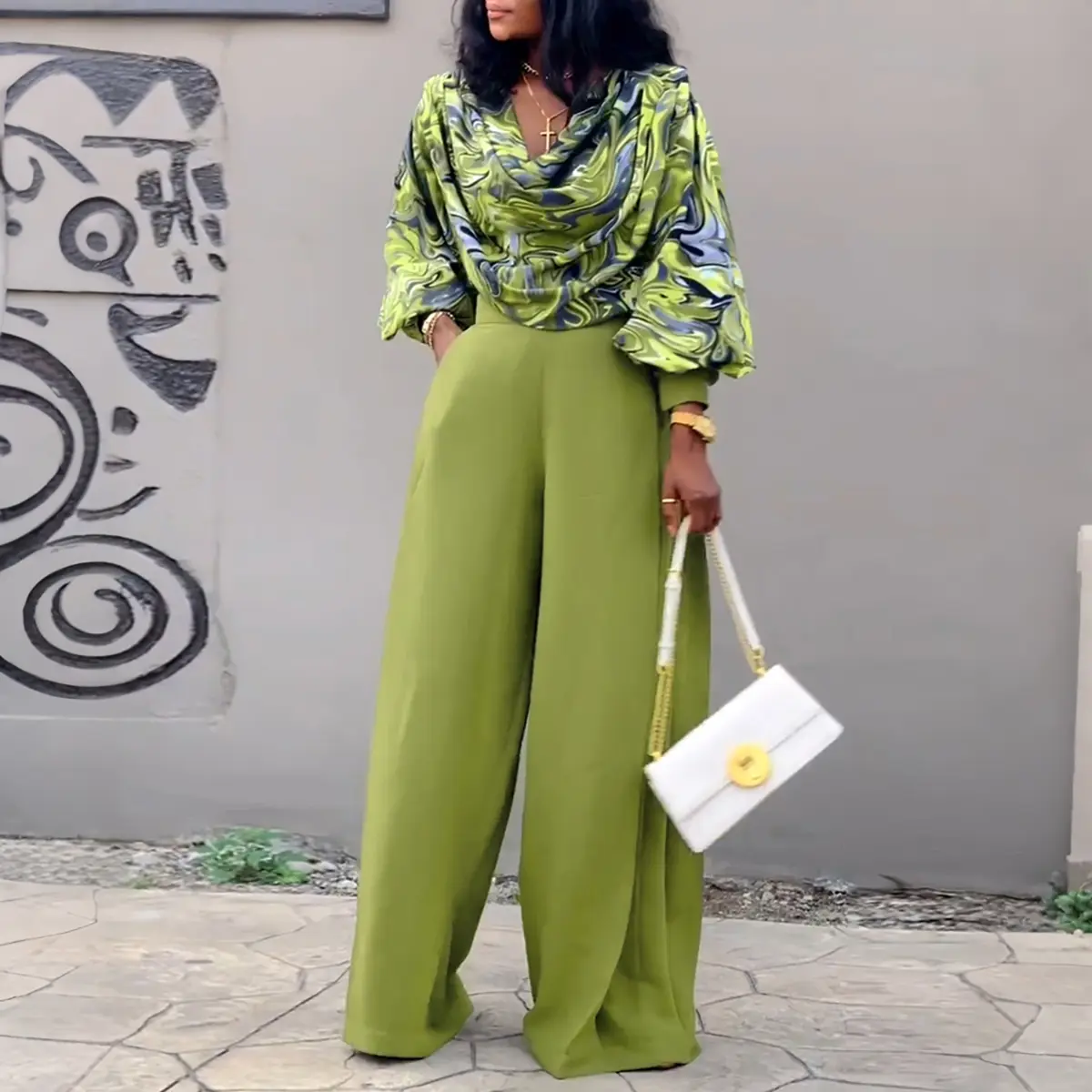 2026 CHICME Women's 2 Pieces Outfit Abstract Print Cowl Neck Lantern Sleeve Loose Top and Casual Ruched Slit Wedding Guest Wide Leg Pants Wedding Set Abstract Print Set Perfect