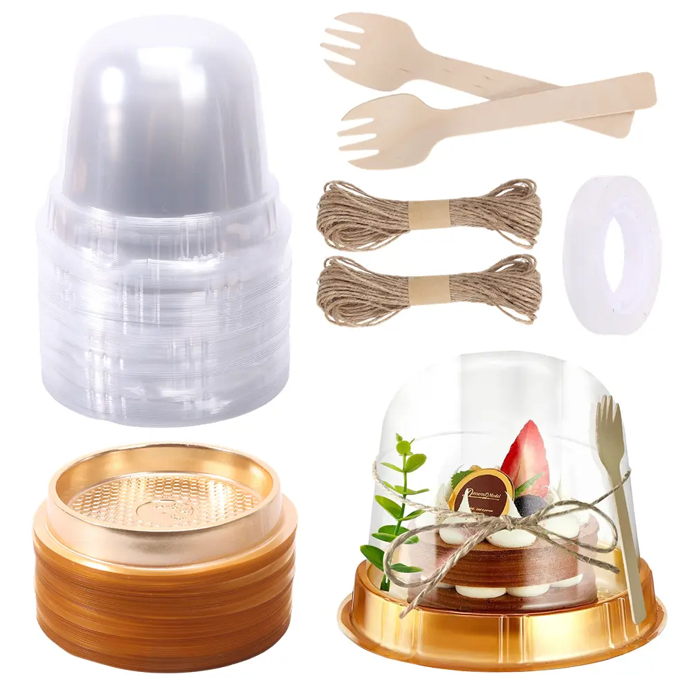 50 Packs Disposable Individual Charcuterie Cup Clear Plastic Round Cake Boxes with Dome Lids Mini Wooden Spork Rope for Outdoor Snack Packing Open Houses Gatherings Wedding Party Event