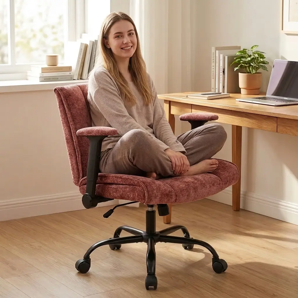 ZZW Upgraded Criss Cross Chair with Wheels & Flip Arms – 26.5″ Wide Cross Legged Office Chair, Ergonomic Desk Chair with Adjustable Tilt Lock, Lumbar Support & Thick Spring Cushion for Home Office, Bedroom, Apartment