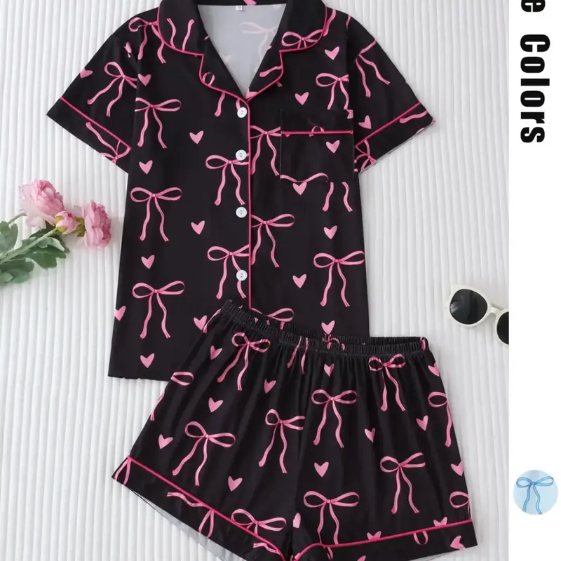 Women's All Over Bow Print Lapel Neck Pocket Shirt & Elastic Waist Shorts Pyjama Two-piece Set, Ladies Sleepwear for All Seasons, Lounge Wear, Pj Set
