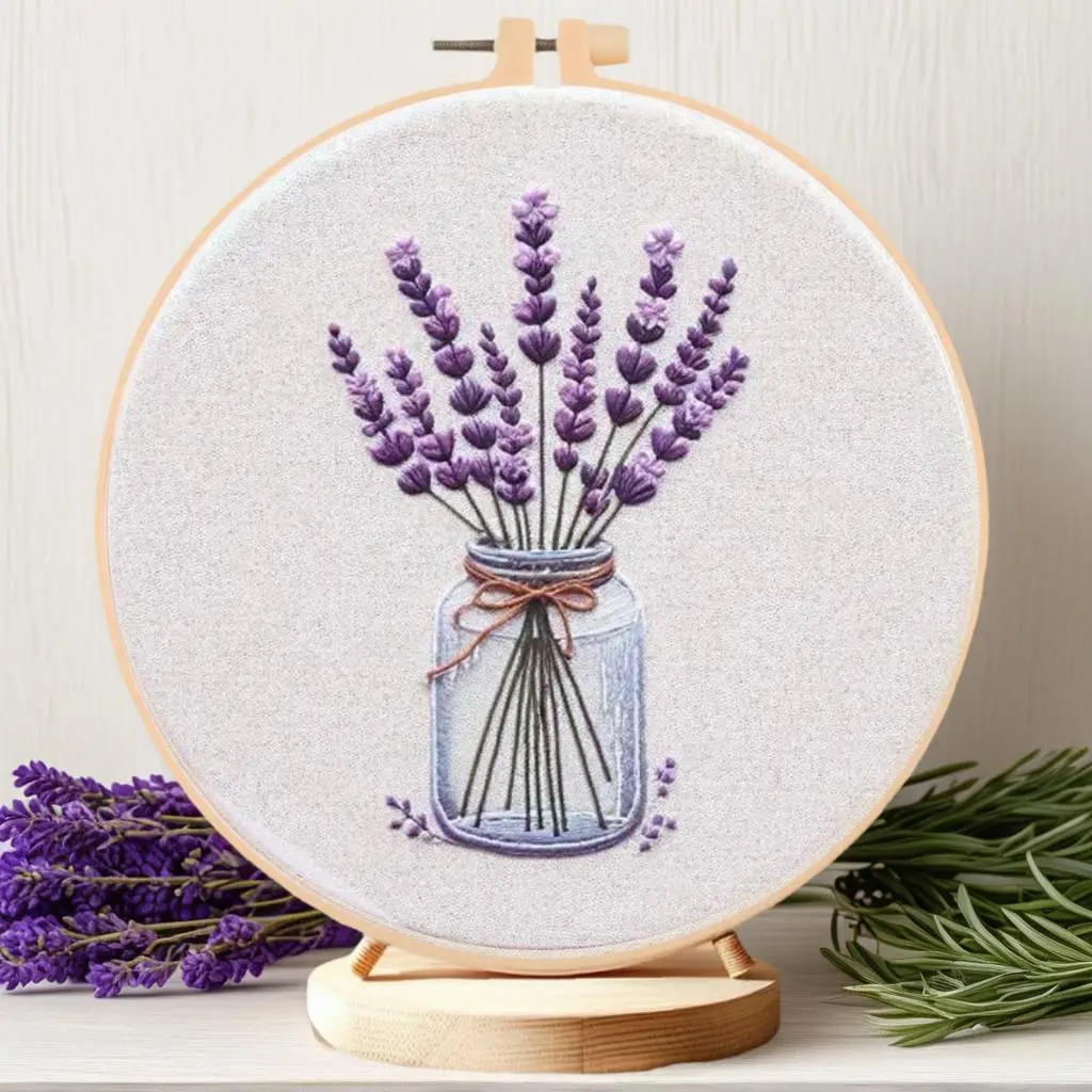 Lavender Pattern DIY Cross Stitch Kit, 1 Set DIY Cross Stitch Kit with English Teaching Paper, DIY Embroidery Kit for Beginners, Needle Crafts Kit, Cross Stitch Supplies, Handicraft