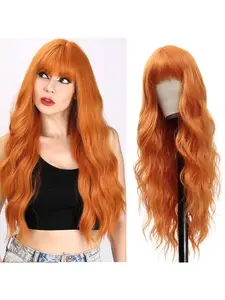 Orange Wig With Bangs Ginger Wig 26 Inch Long Curly Wavy Orange Hair Wigs for Women Natural Looking Synthetic Heat Resistant Halloween Wigs for Daily Party Use