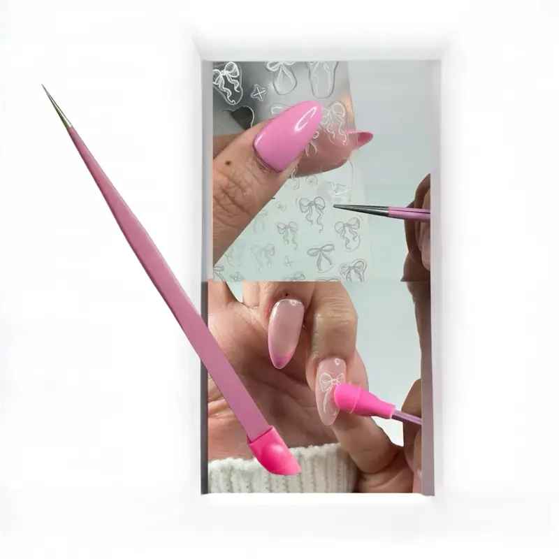 Pink Tweezer Tool w/ Silicone Pusher for Applying Nail Art Stickers Lightweight nail air tool