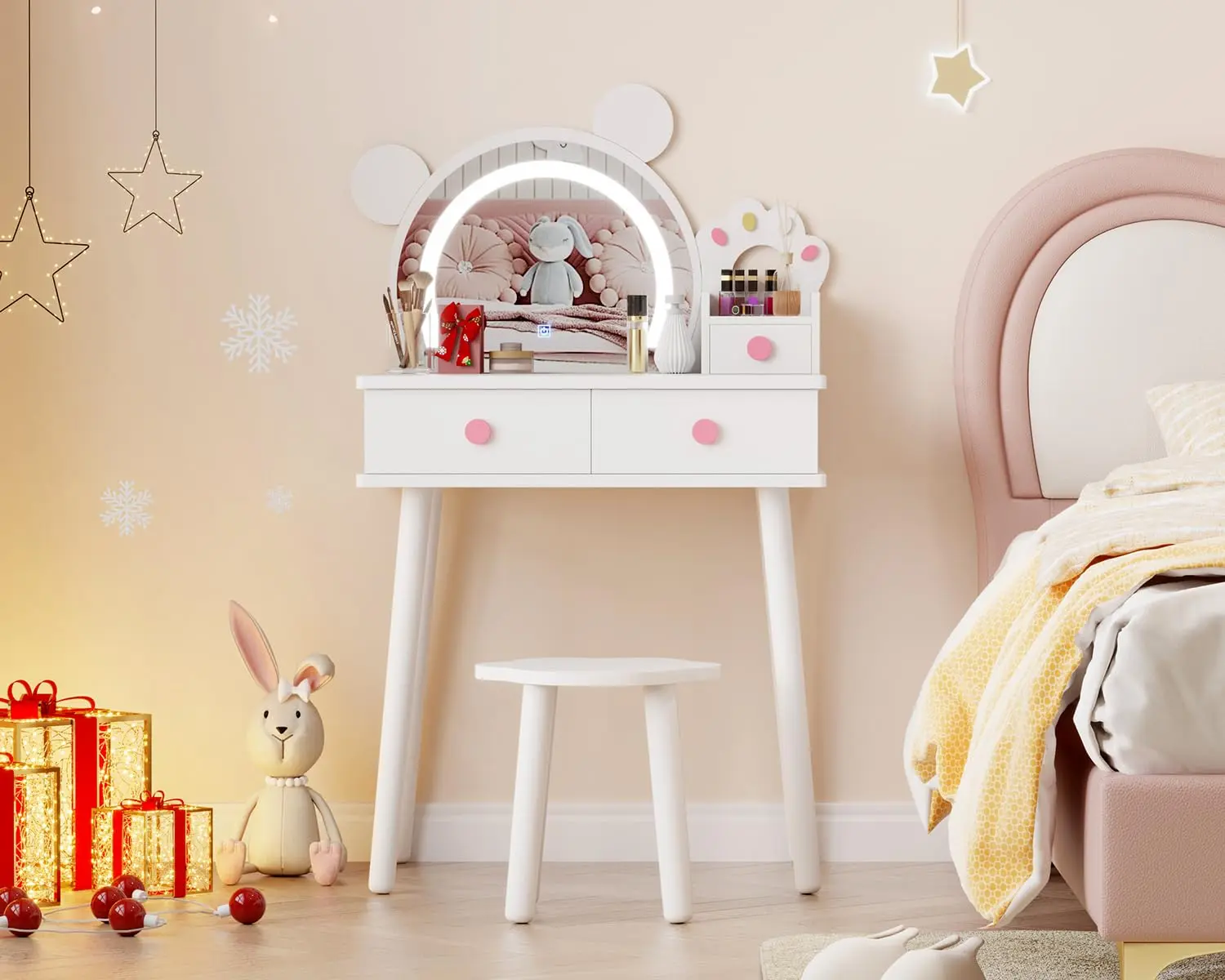 Garvee Kids Vanity with Illuminated Bear-Shaped Mirror: Wooden Princess Vanity with Drawers, Flower-Shaped Stool, and Safe Touch LED Light for Kids, Ideal for Little Girls' Bedrooms
