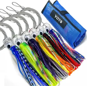 YOTO Trolling Lure Saltwater,6.5 inch 6 pcs Squid Skirted Deep Sea Fishing Lure kit,Tuna,Marlin,Wahoo,Shark,Mahi Trolling Fishing Lures