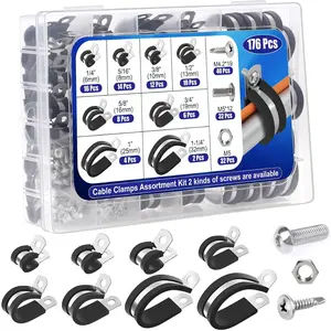 176 count  Clamps Set, 8 Sizes Rubber Insulated Clamps with 72 count Screws, Stainless Steel Cushioned Clamp, Loop Clamps Pipe Clamps Wire Clamps for Wire Cord Automotive Installation