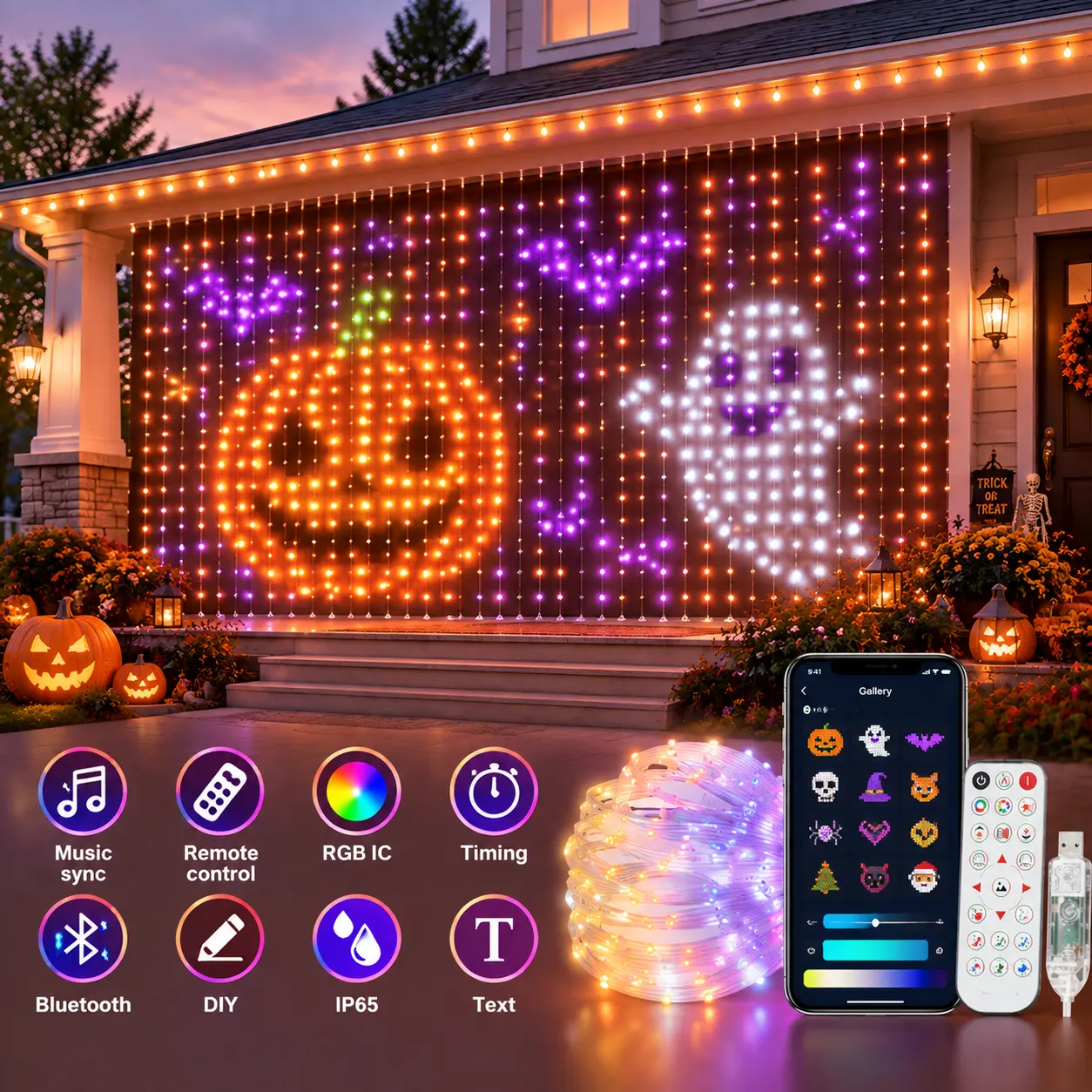 Smart RGB Curtain Lights, App Controlled DIY Halloween Lights, Custom Text Patterns & Animated Effects, Music Sync LED Window Lights, Remote Control Decorative Lights for Holiday Party Bedroom Decor