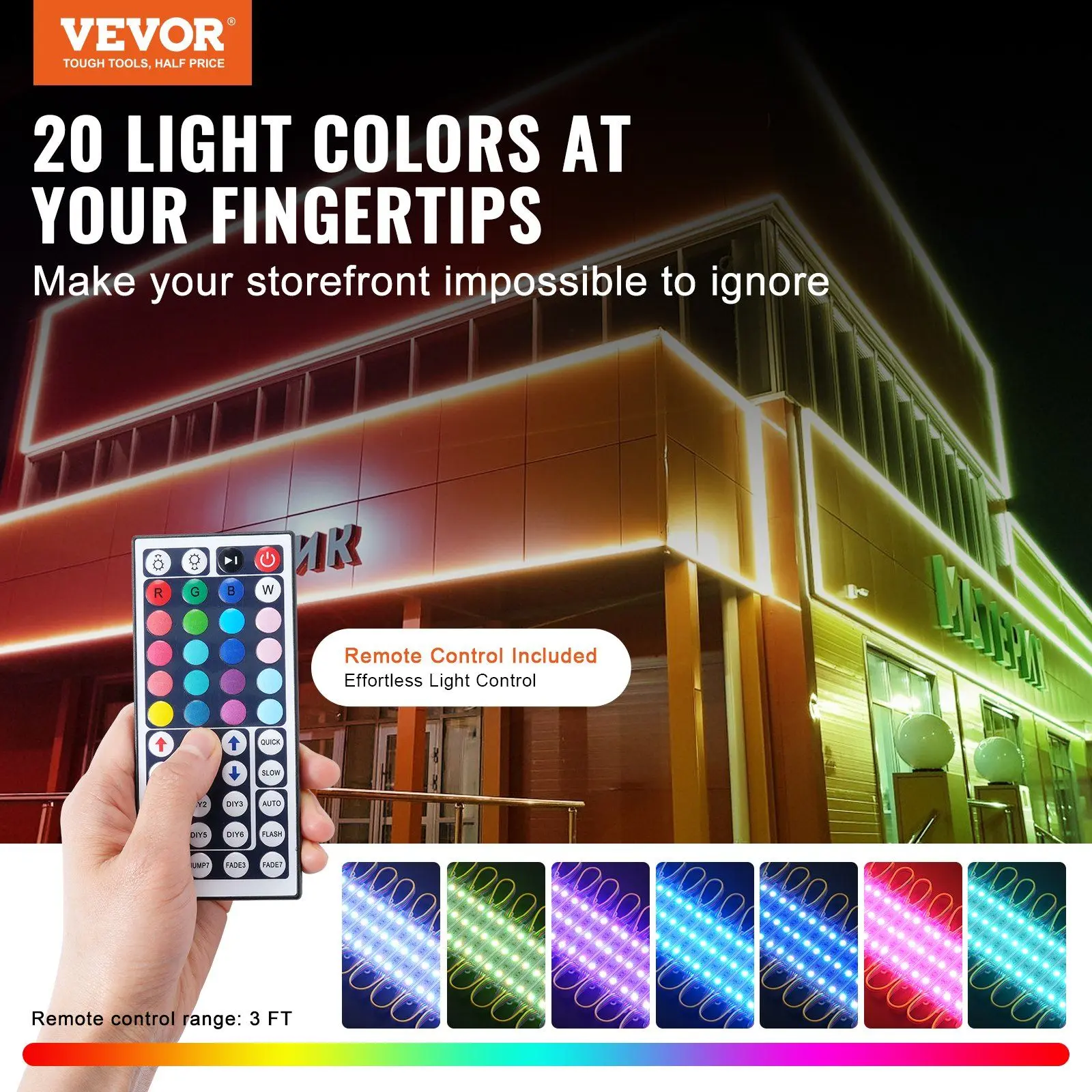VEVOR 200PCS 0.72W 5050 SMD 3-LED RGB Color Changing LED Module Light Strips, 103 ft Parallel Connect IP68 Waterproof Lights with Remote Control for Business Storefront Window Signage Advertising Letters