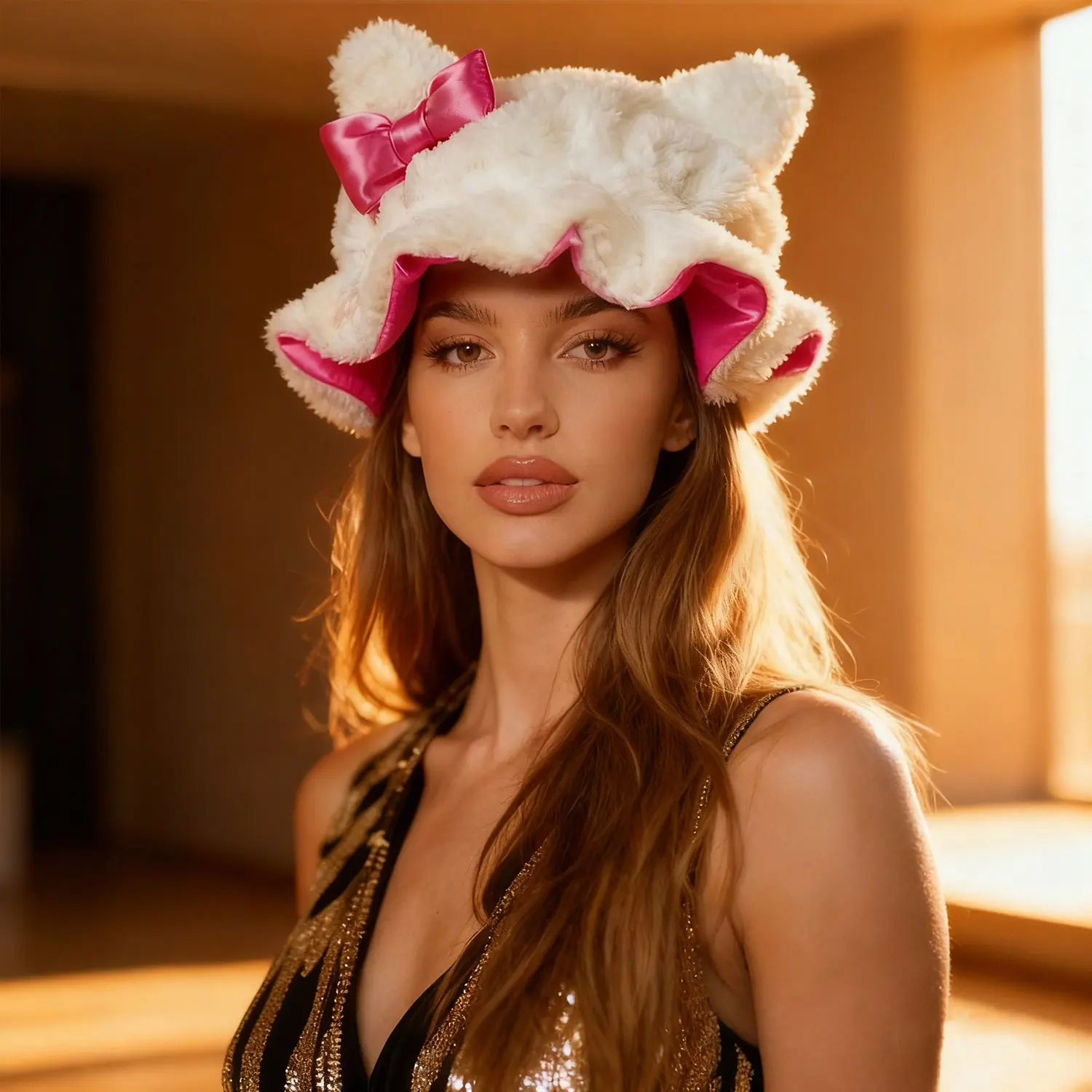 Cute Teddy Plush Silk Bonnet Luxury White Double Layer Adjustable Sleep Cap with Ears Stylish Comfortable Haircare Bonnet for Daily Wear Shower hair bonnet