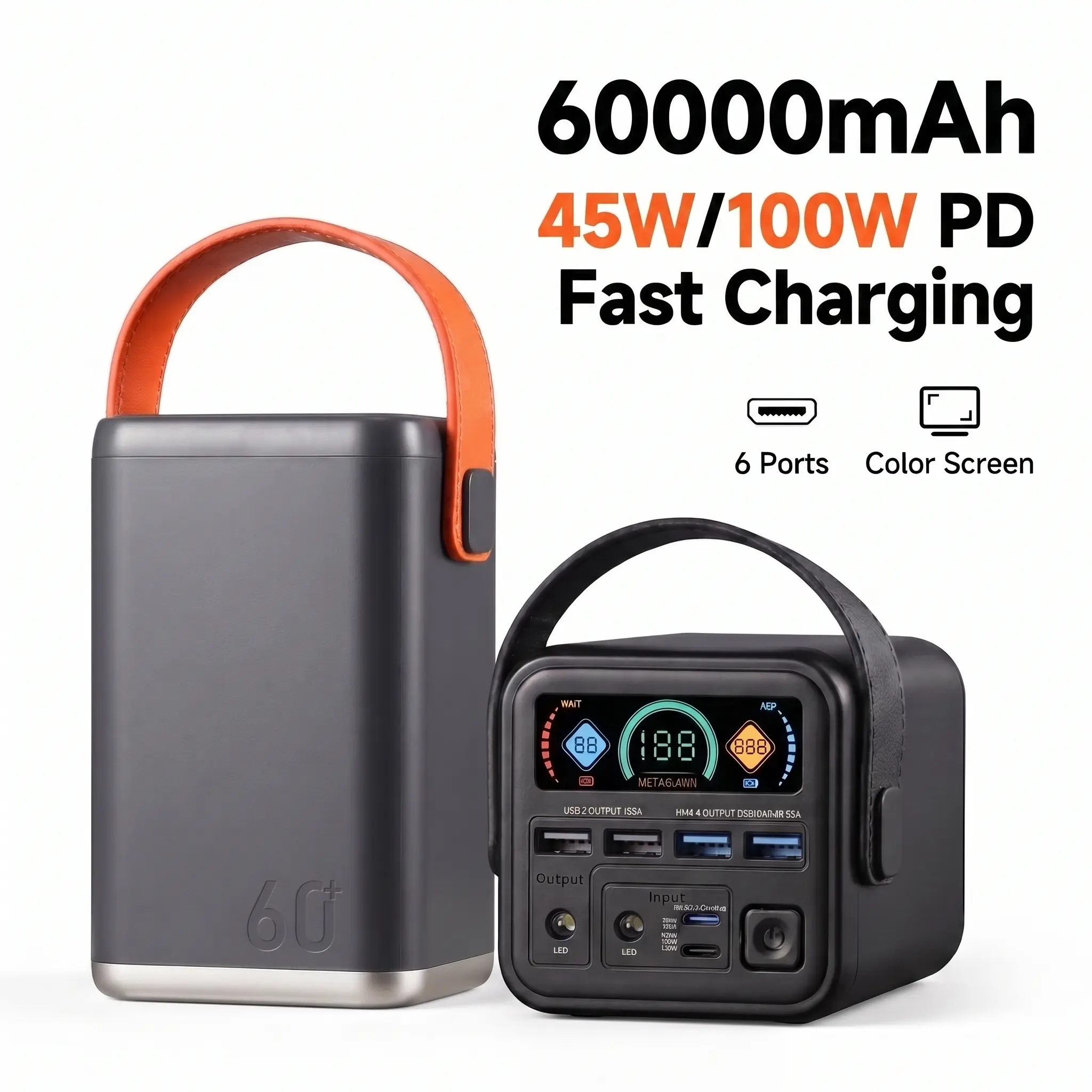 METABUNNY 60000mAh 100W PD Fast Charging Power Bank - 45W/100W 6 Ports Color Screen Portable Charger with Smart Digital Display for Laptop iPhone Travel Outdoor