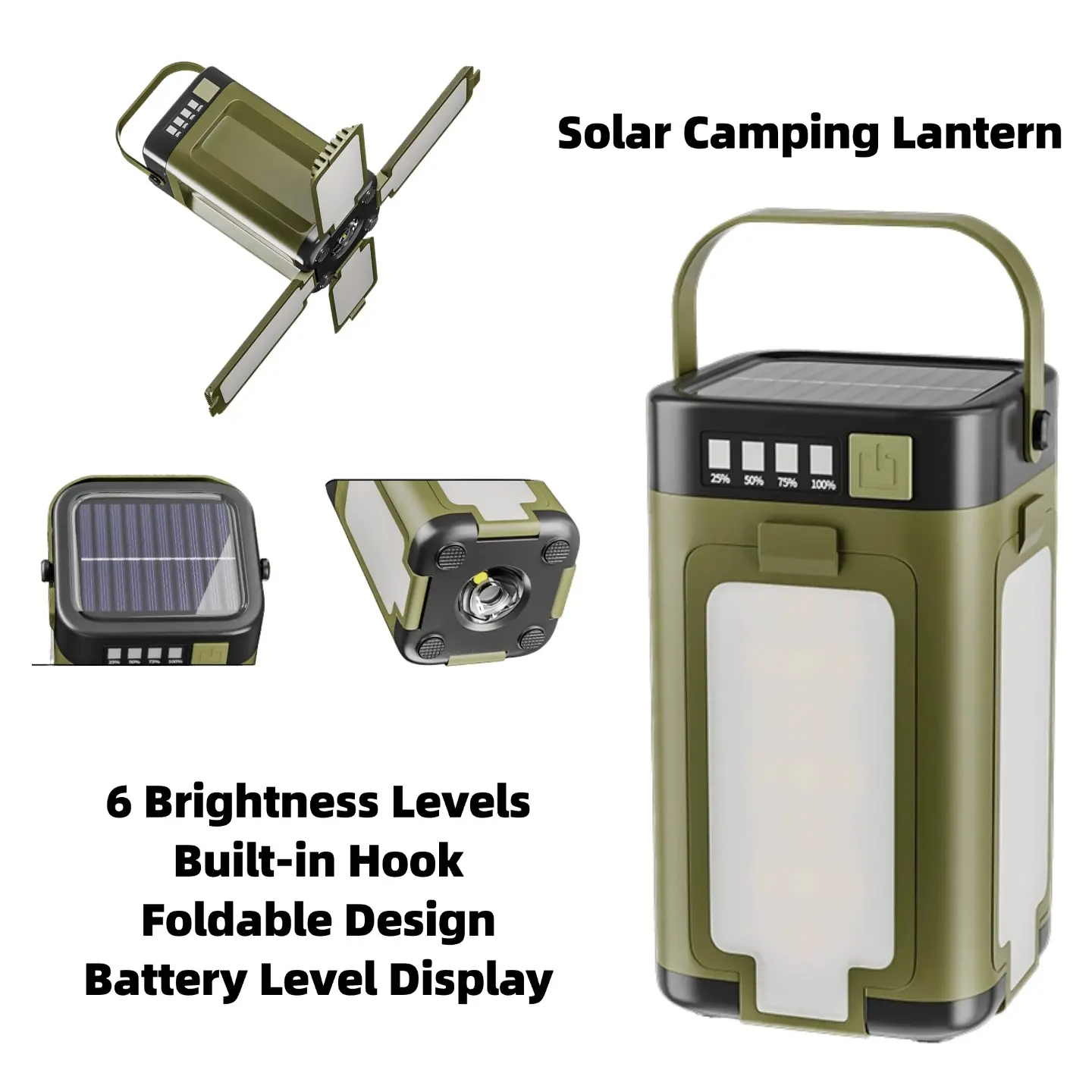Multifunctional Solar Camping Lantern - Foldable Rechargeable LED Light, Camping Essential, Dual Solar-USB Power, Adjustable Waterproof Searchlight, Portable Tent Light, 6 Brightness Levels, Phone Charging Function, Battery Level Display,, Solar Powered F
