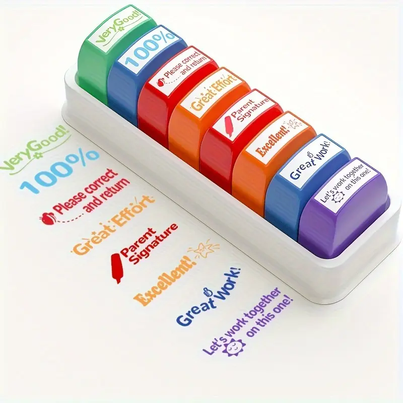 1 set of reward seals, teacher seals, automatic ink incentive color set, work grading teacher set, storage tray, suitable for school classrooms and home assistants, color seals