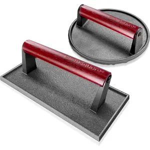 Cast Iron Bacon Press 7" Round & Rectangle 8"x4" Cast Iron Grill Press - Meat Press for Bacon, Steak, Burgers and Sandwiches - Non-Stick Griddle Press with Cool-  Handle