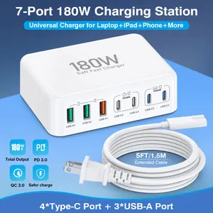 180W 7-in-1 Notebook Computer Fast Charging Station, 7-Port & 1.5m Extend Cable Family pack Charger Block for Notebook MacBook Pro/Air iPhone iPad Samsung USB-C Devices SmartCharger