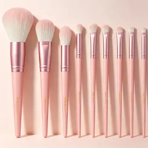 US-Shipped 9Pcs Matte Pink Handle Rose-Gold Ferrule Makeup Brush Set - Soft Gradient Synthetic Brushes for Foundation, Blush, Contour, Eyeshadow, Concealer - Portable Face Makeup Tools for Beginners