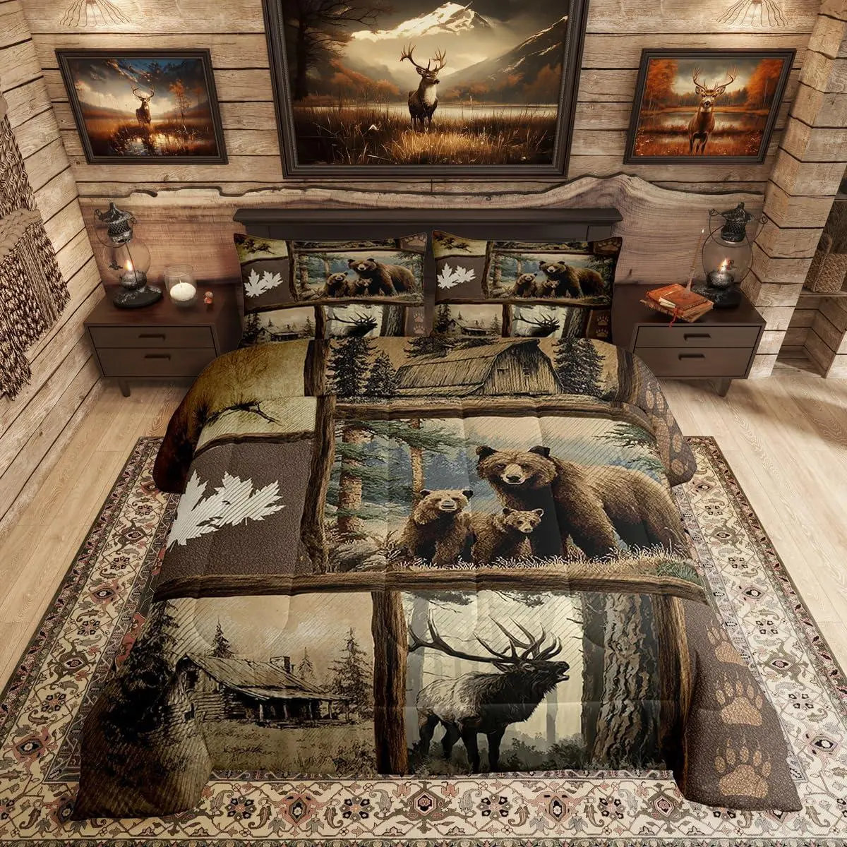Grizzly Bear Deer Plaid Kids Comforter Set,Hunting Wildlife Theme Bedding Set for Boys Men Rustic Farmhouse Cabin Comforter Set,Western Country Maple Leaf Quilt Duvet