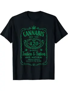 High 420 Design MenS Black Shirt Casual Round Neck Casual Attire Comfortable Graphic Print Shirt All-Season for Everyday & Outdoor Activities, PLUS SIZE