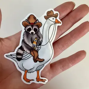 Cowboy Raccoon On A Goose With A Beer | Funny Raccoon sticker, Laptop Water Bottle Decal Sticker