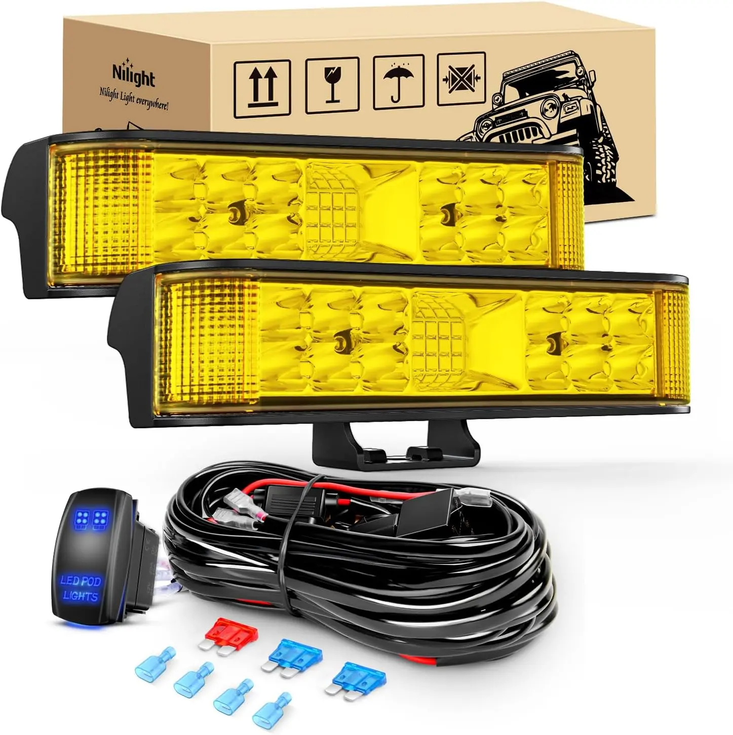 Nilight 2PCS 6.5-Inch Aluminum Side Shooter Amber LED Light Bar Pods, 60W Flood-Spot Beam Combo, 16AWG 5Pin Rocker Switch Wiring Harness Kit, Car LED Lights for Truck ATV Off Road Safety, Led Lights Car