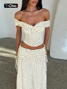 Women Summer Short Sleeve Tops High Waisted Long Skirt Polka Dot Beach Vacation Summer Outfits Set Two Piece Set Womenswear Outfit