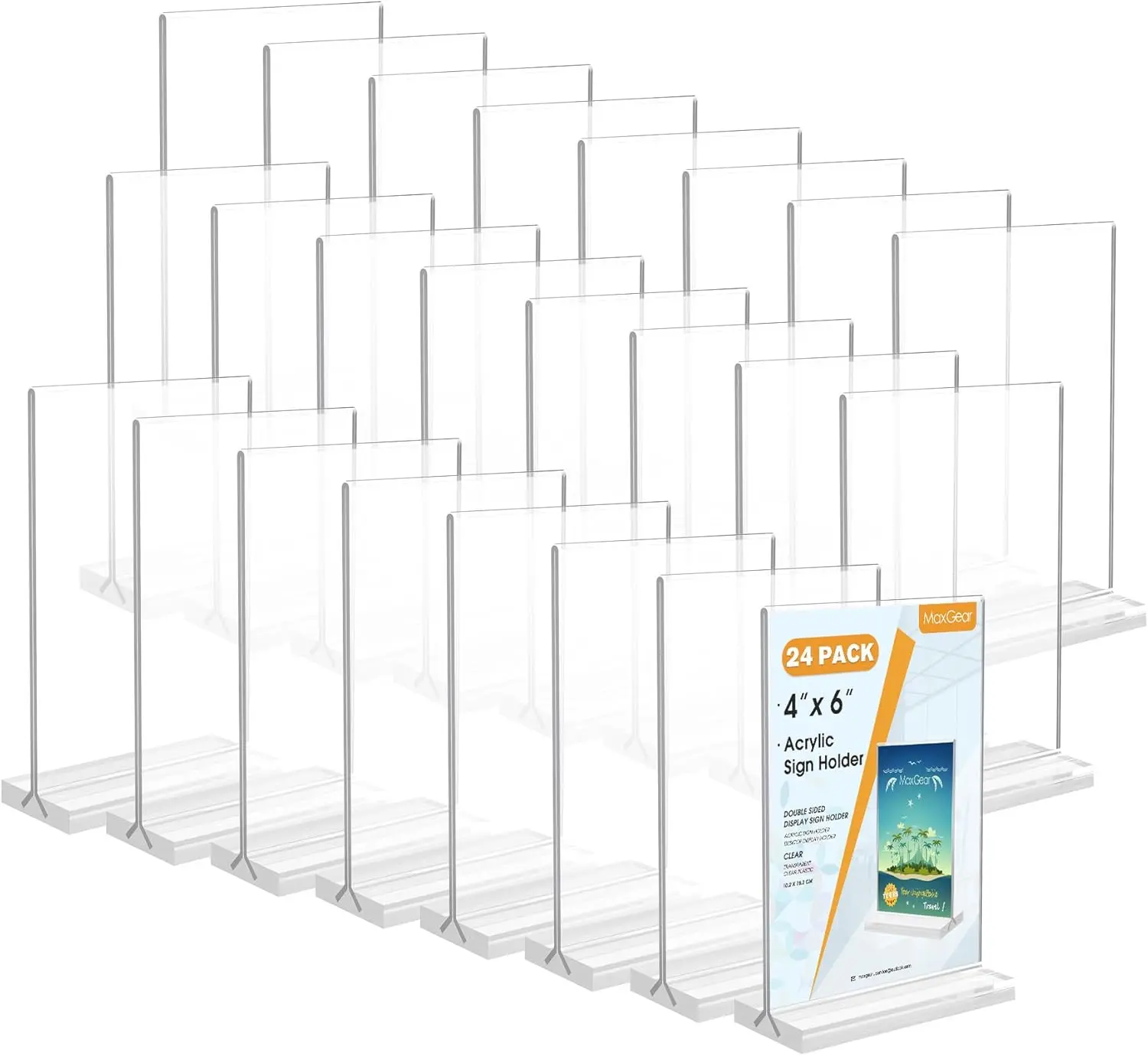 MaxGear 4x6 Acrylic Sign Holder 24 Pack, Double Sided Display Stand, Clear Paper Holder Picture Frame, Plastic Menu Holder Photo Frame Poster Stand for Stores, Restaurants, Hotels, Office, Pedestal, Lightweight
