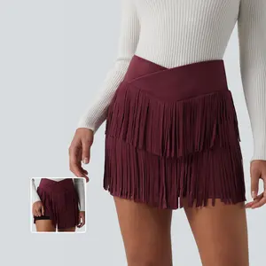 Halara Crossover High Waisted 2-in-1 Fringe Hem Bodycon Mini Suede Party Skirt