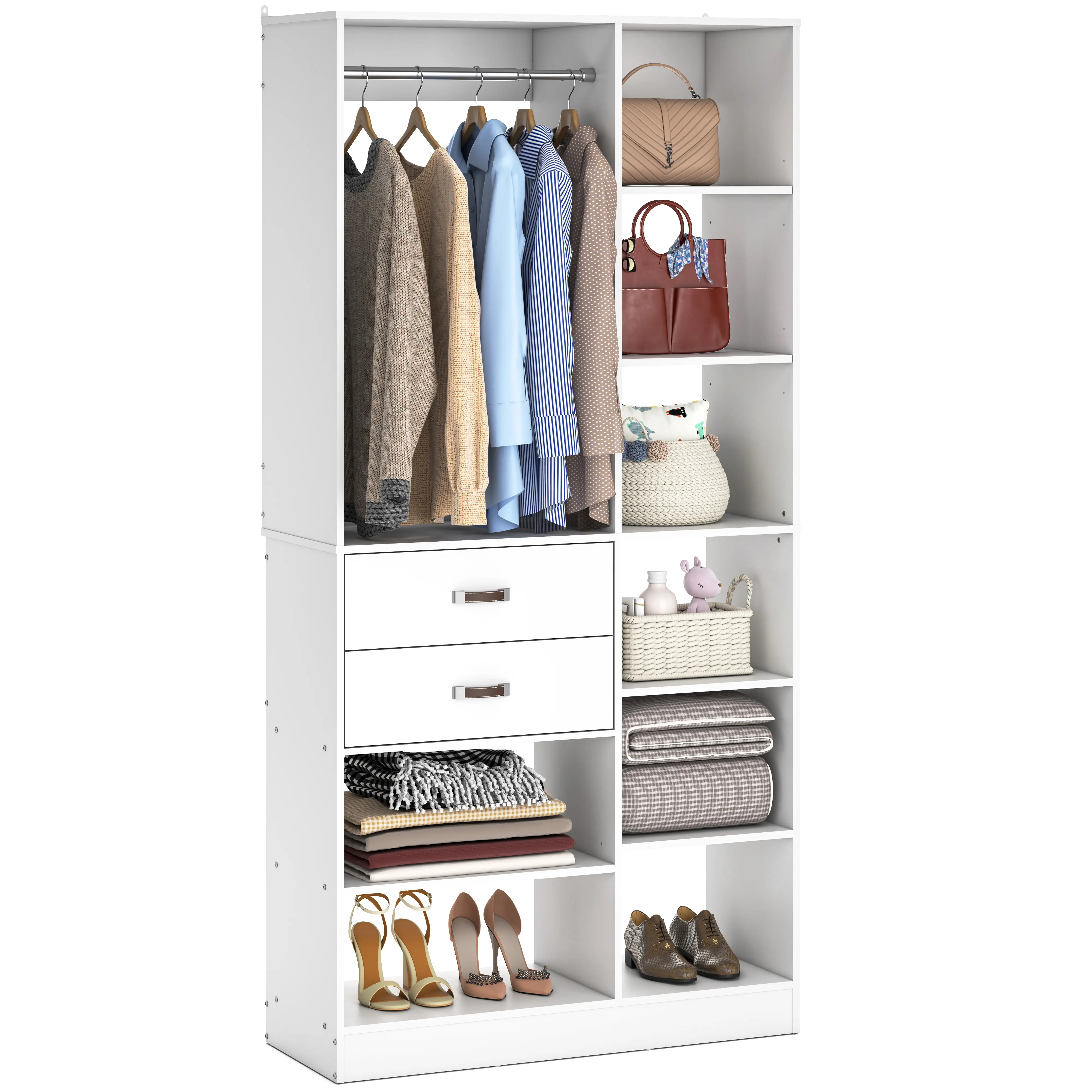 Freestanding Closet System, 40 Inches Stand-Alone Wardrobe with 10 Shelves, 80'' Height Adjustable Cloth Garment Rack with 2 Wood Drawers, Wood Walk-in Closet with Hanging Rod Storage Armoire