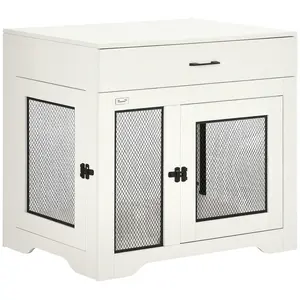 PawHut Dog Crate Furniture with Soft Water-Resistant Cushion, Dog Kennel End Table with Drawer, Puppy Crate for Small Dogs Indoor with 2 Doors, Gray
