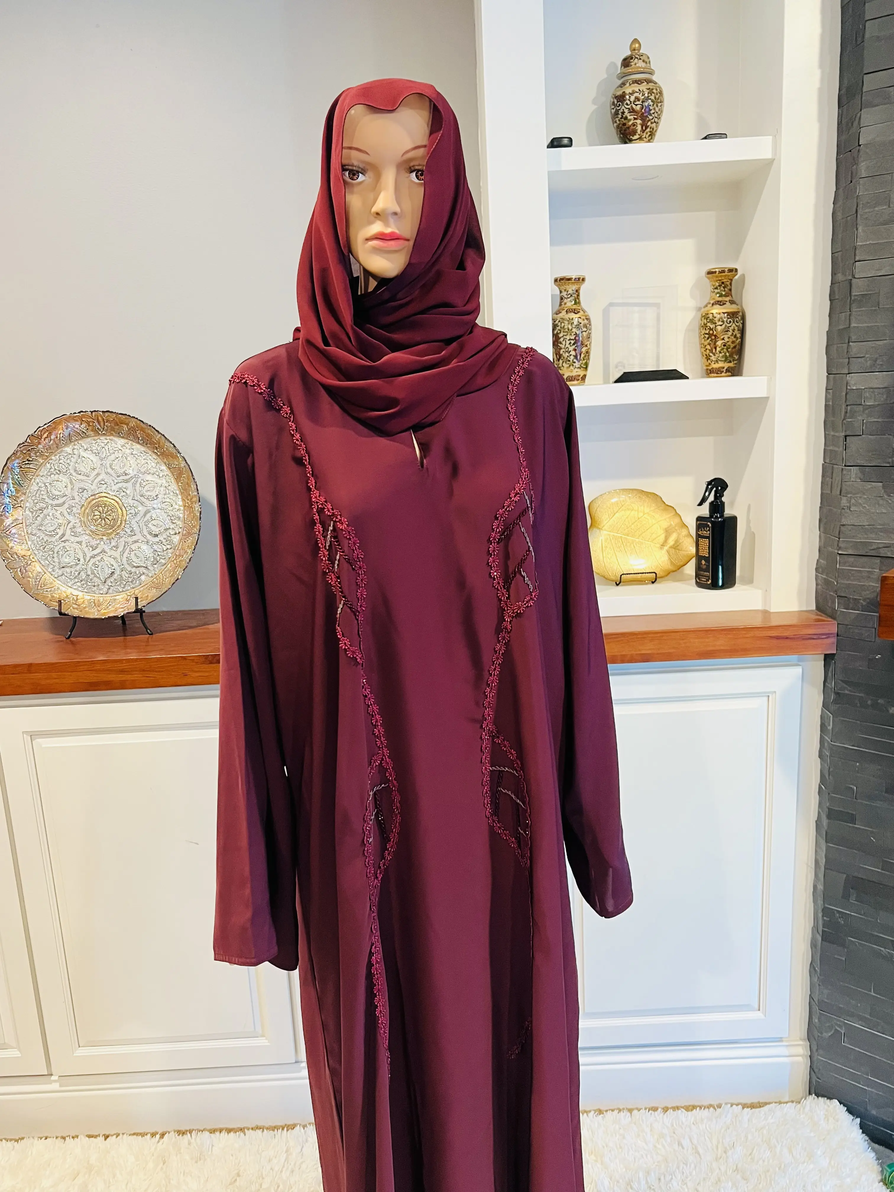 Closed Burgundy Nada Abaya Elegant Traditional Dress with Long Sleeves Flowing Design for Special Occasions