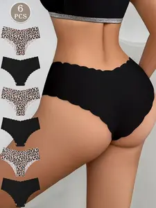 6-pair pack of women's seamless scalloped triangle panties, featuring a leopard print and black combination, comfortable for everyday wear in all seasons, Seamless Panties Set