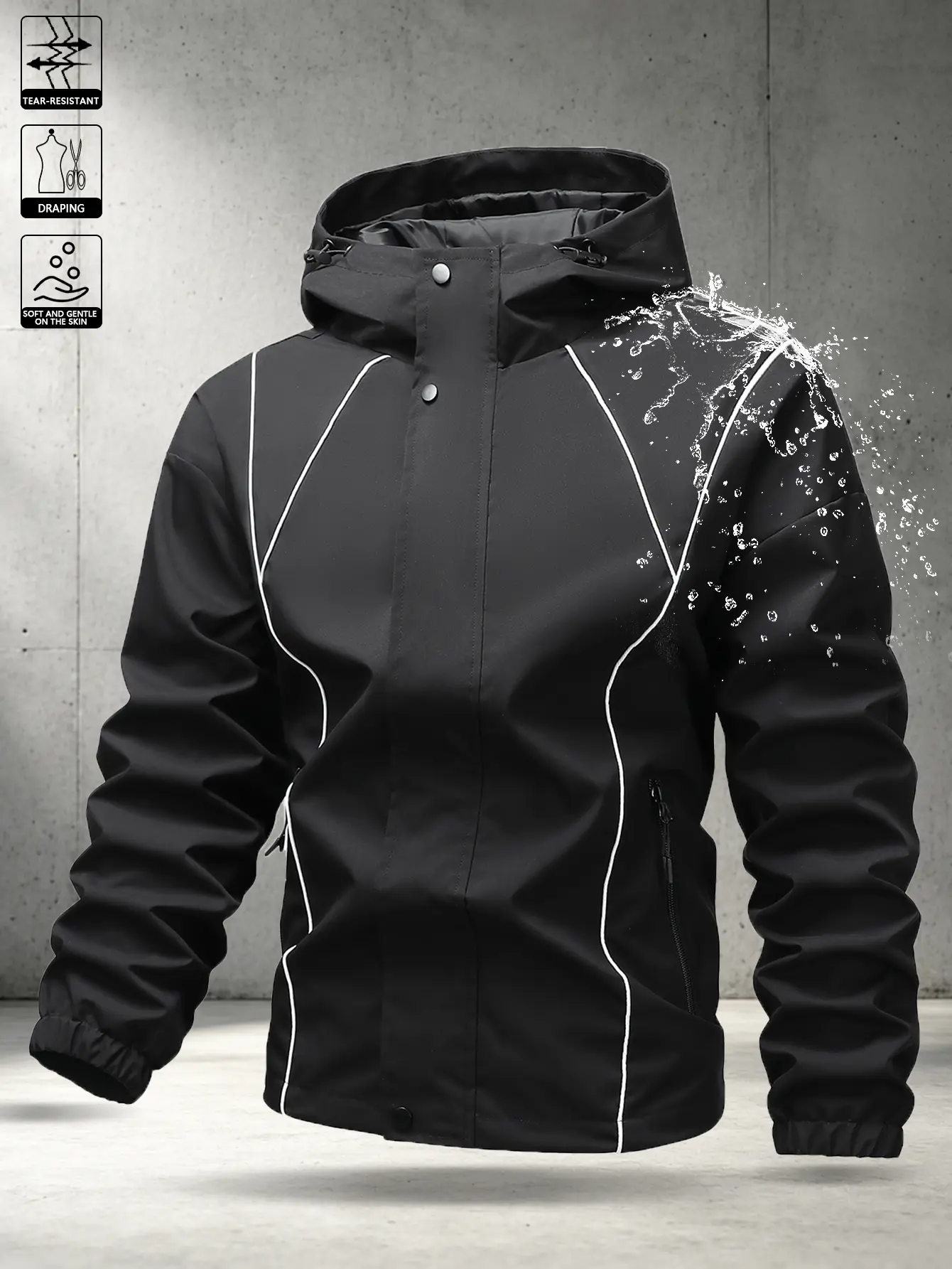 Men’s windproof, water-repellent hooded jacket made from comfortable fabric featuring wraparound geometric white outline lines and a snap-button windproof front closure. Full zip, elastic cuffs, and an adjustable hood make it easy to wear. Lightweight rai
