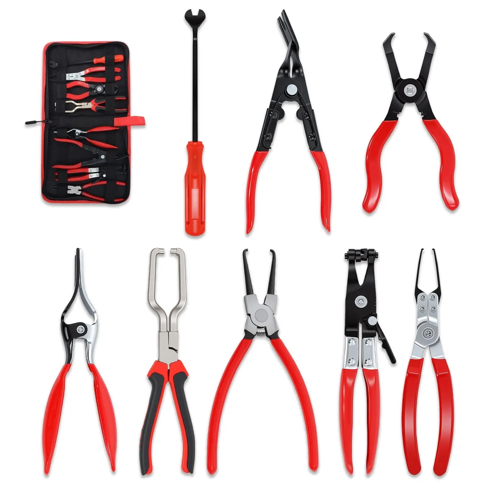 8PCS Auto Hose Clamp & Fastener Removal Pliers Set, Multi-Type Clip Pliers with Trim Tool & Fabric Storage Pouch for Car Radiator Fuel Pipe Interior Repair DIY garage gadgets manual equipment mechanic